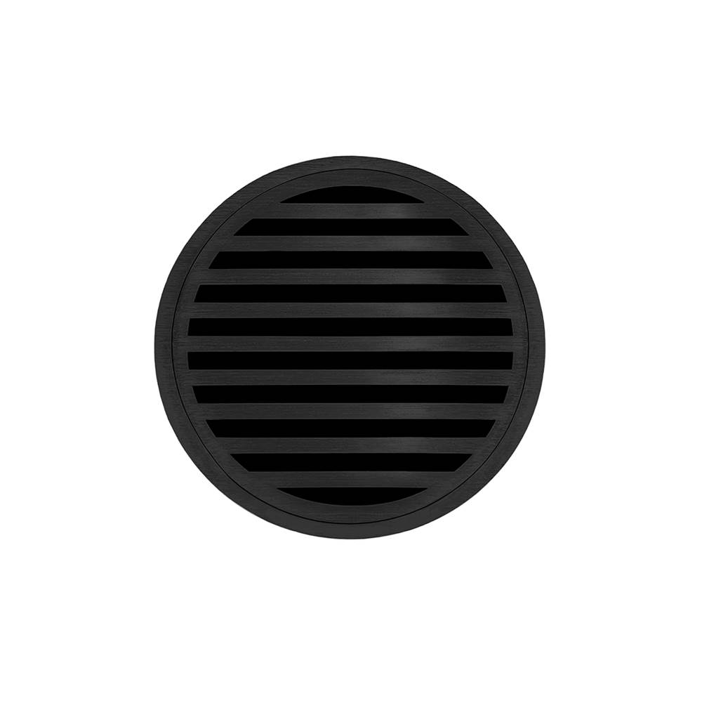 Infinity Drain 5'' Round RND 5 Complete Kit with Lines Pattern Decorative Plate in Matte Black with PVC Drain Body, 2'' Outlet