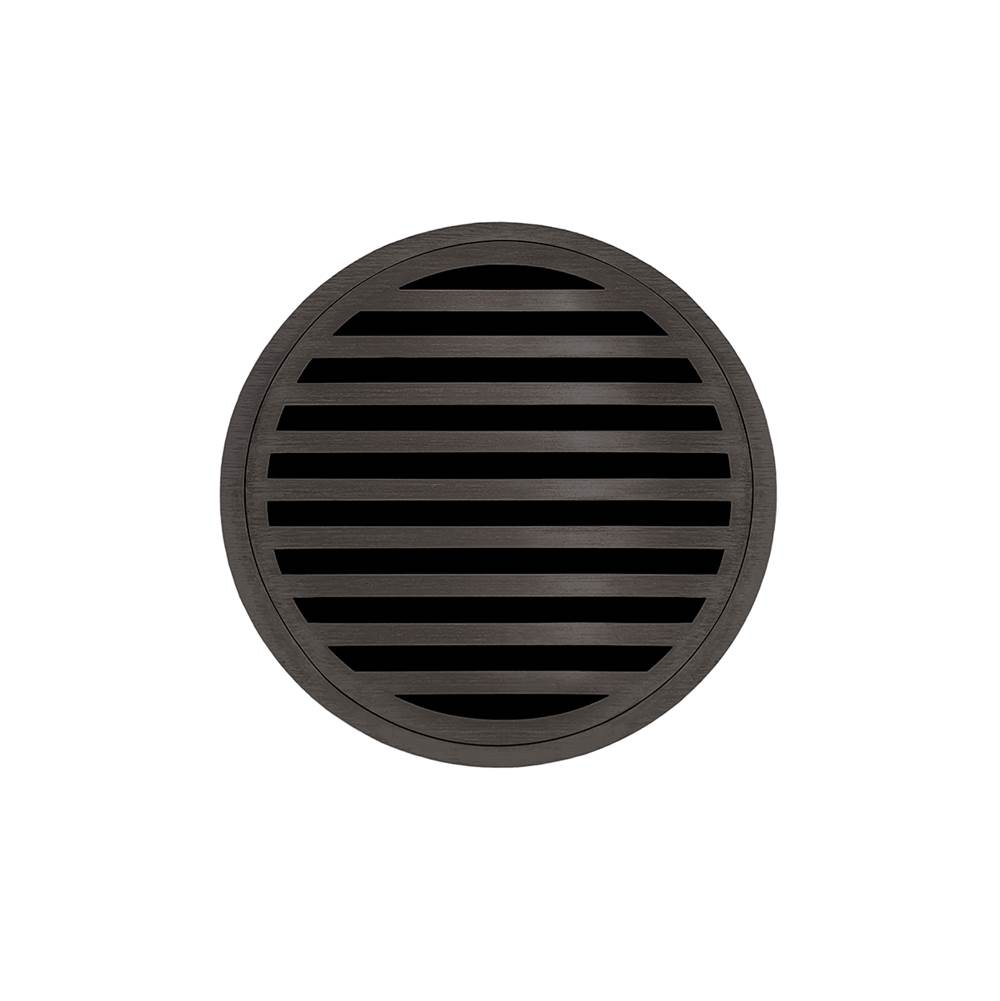 Infinity Drain 5'' Round RND 5 Complete Kit with Lines Pattern Decorative Plate in Oil Rubbed Bronze with Cast Iron Drain Body, 2'' Outlet