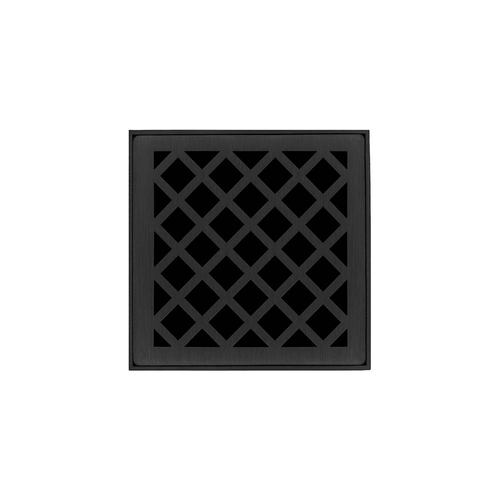 Infinity Drain 4'' x 4'' XDB 4 Complete Kit with Criss-Cross Pattern Decorative Plate in Matte Black with ABS Bonded Flange Drain Body, 2'', 3'' and 4'' Outlet