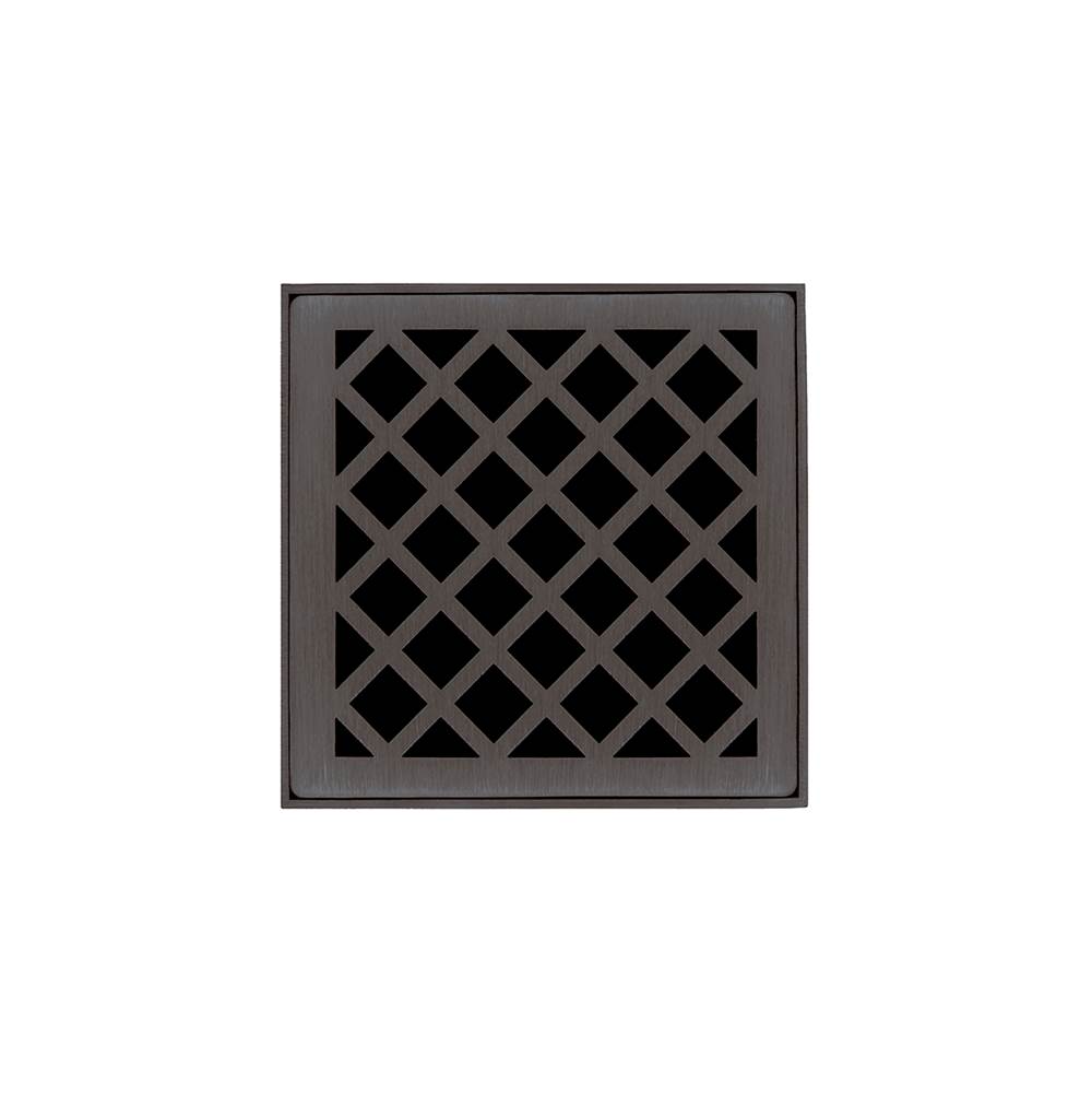 Infinity Drain 4'' x 4'' XDB 4 Complete Kit with Criss-Cross Pattern Decorative Plate in Oil Rubbed Bronze with ABS Bonded Flange Drain Body, 2'', 3'' and 4'' Outlet
