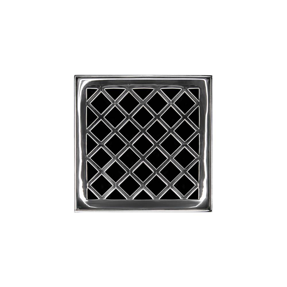 Infinity Drain 4'' x 4'' XDB 4 Complete Kit with Criss-Cross Pattern Decorative Plate in Polished Stainless with ABS Bonded Flange Drain Body, 2'', 3'' and 4'' Outlet