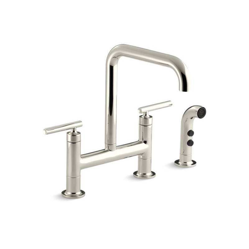 Kohler Purist® two-hole deck-mount bridge kitchen sink faucet with 8-3/8'' spout and matching finish sidespray