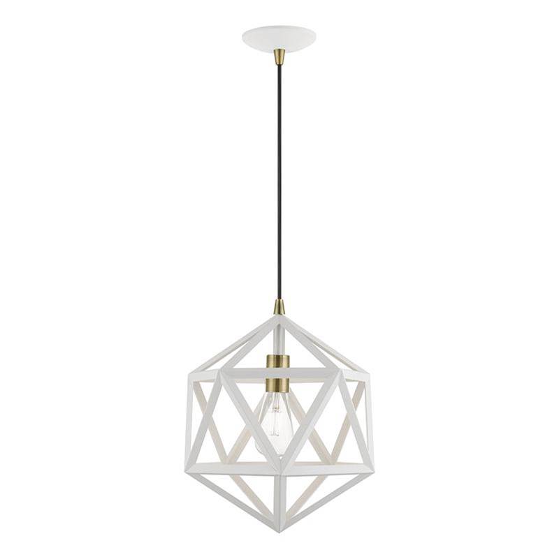 Livex 1 Light Textured White with Antique Brass Accents Pendant