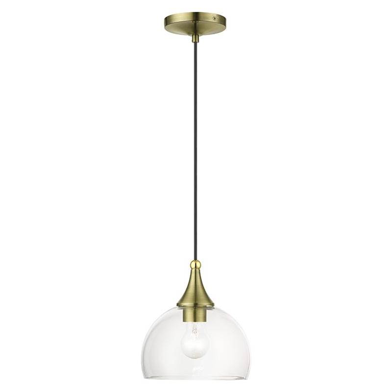 Livex 1 Light Antique Brass Glass Pendant with Polished Brass Finish Accents