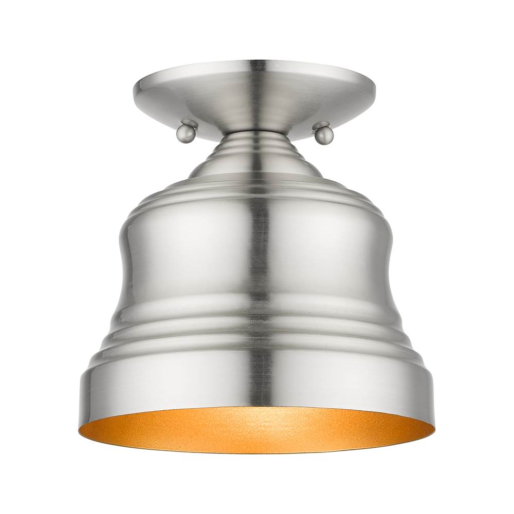 Livex 1 Light Brushed Nickel Bell Petite Bell Semi-Flush with Gold Finish Inside
