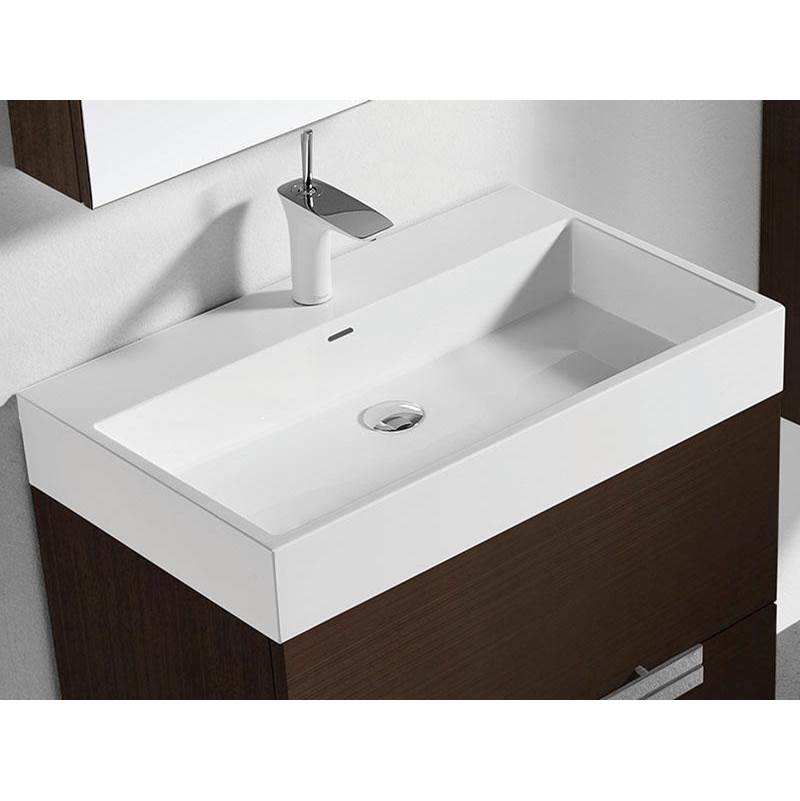 Madeli 18''D-Trough 24''W Solid Surface , Sink. Glossy White, 8'' Widespread. W/Overflow, Basin Depth: 5-3/4'', 23-7/8'' X 18-1/8'' X 4-1/2''