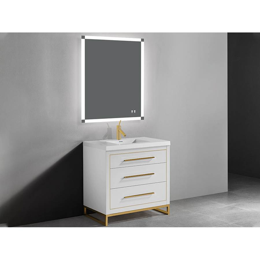 Madeli Estate 30''. White, Free Standing Cabinet, Polished Nickel, Handles(X3)/L-Legs(X4)/Inlay, 29-5/8''X 22''X33-1/2''