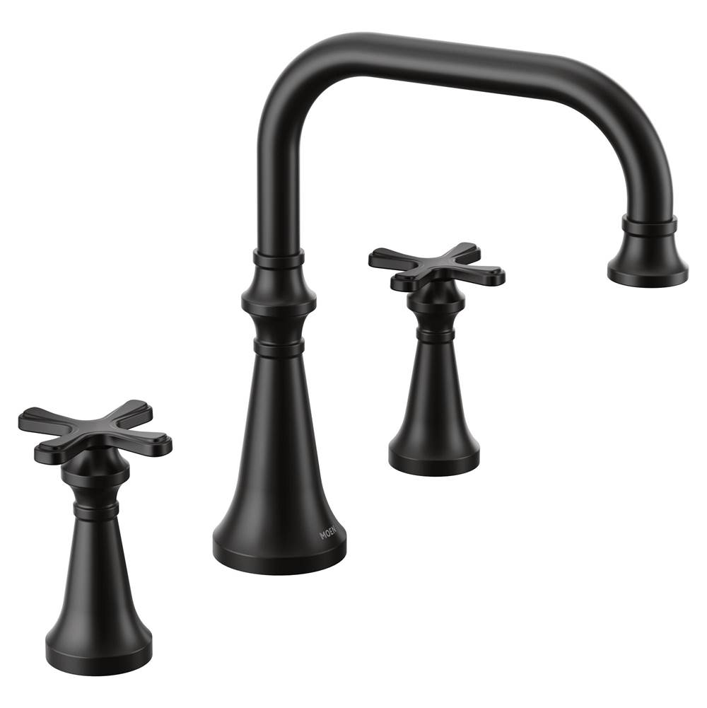 Moen Colinet Two Handle Deck-Mount Roman Tub Faucet Trim with Cross Handles, Valve Required, in Matte Black