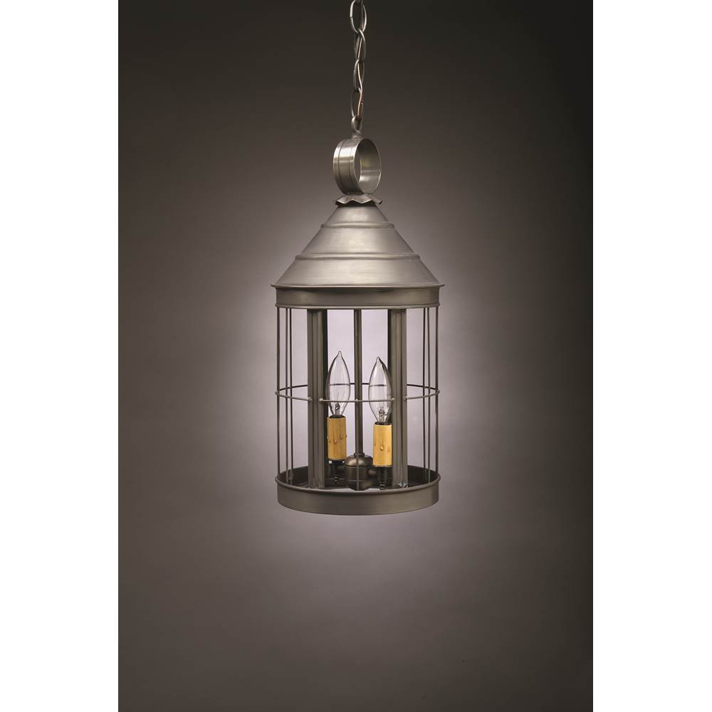 Northeast Lantern Cone Top Hanging Antique Brass 2 Candelabra Sockets Clear Glass Open Bottom