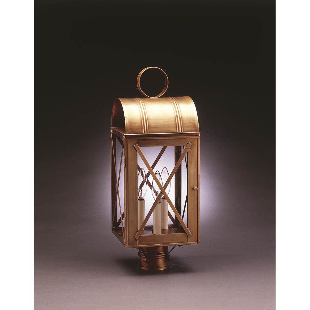 Northeast Lantern Culvert Top X-Bars Post Dark Antique Brass 3 Candelabra Sockets Clear Glass