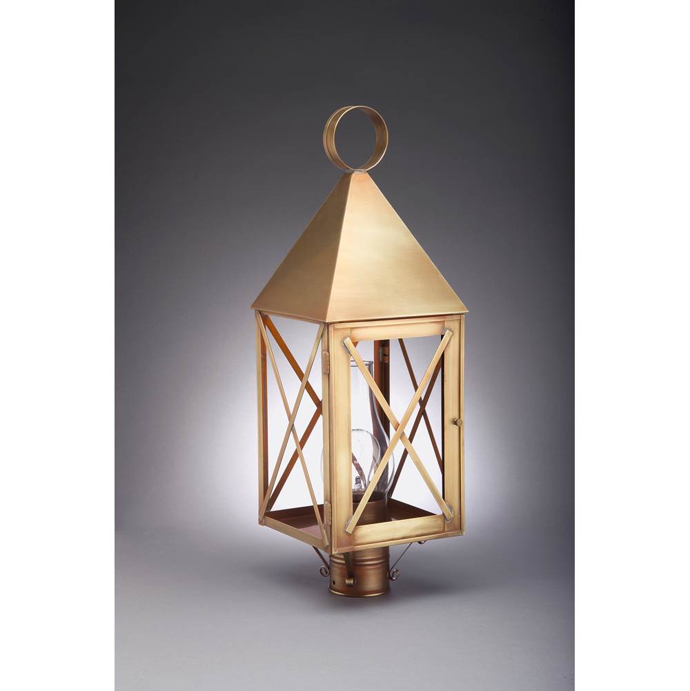 Northeast Lantern Pyramid Top X-Bars Post Antique Brass Medium Base Socket With Chimney Clear Glass