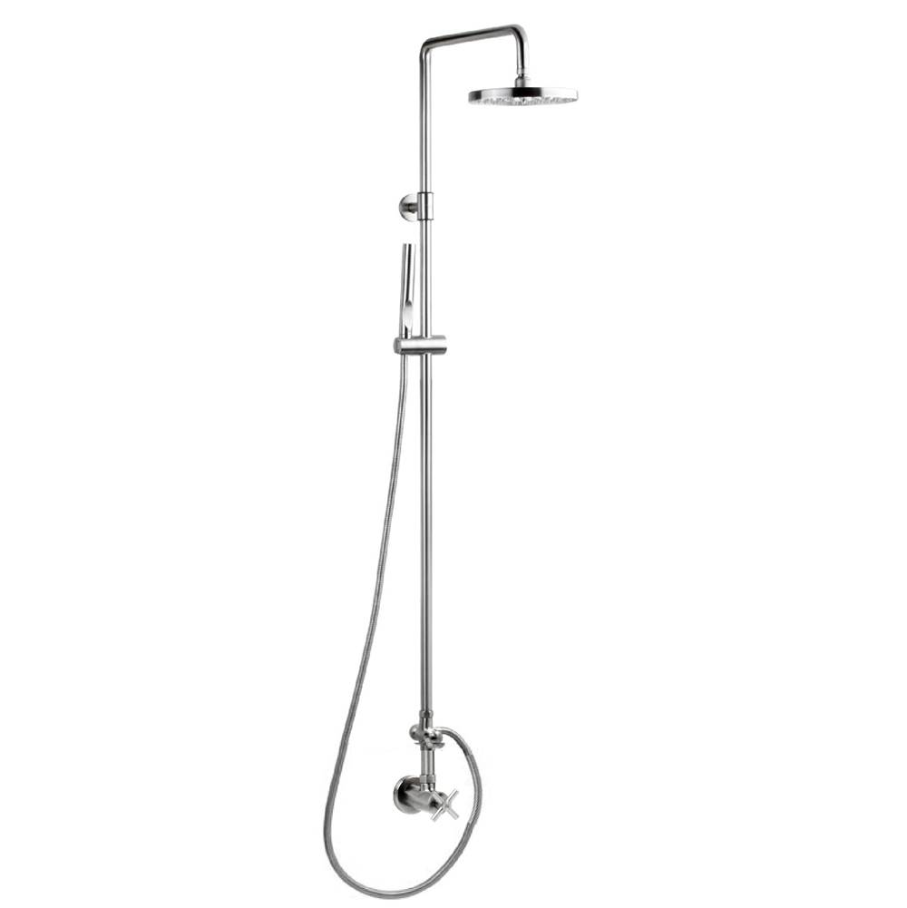 Outdoor Shower Wall Mounted Single Supply Shower - ''Smooth'' Cross Handle Valve, 8'' Disk Shower Head, Hand Spray & Hose