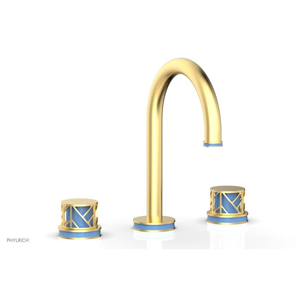 Phylrich Weathered Copper Jolie Widespread Lavatory Faucet With Gooseneck Spout, Round Cutaway Handles, And Light Blue Accents - 1.2GPM