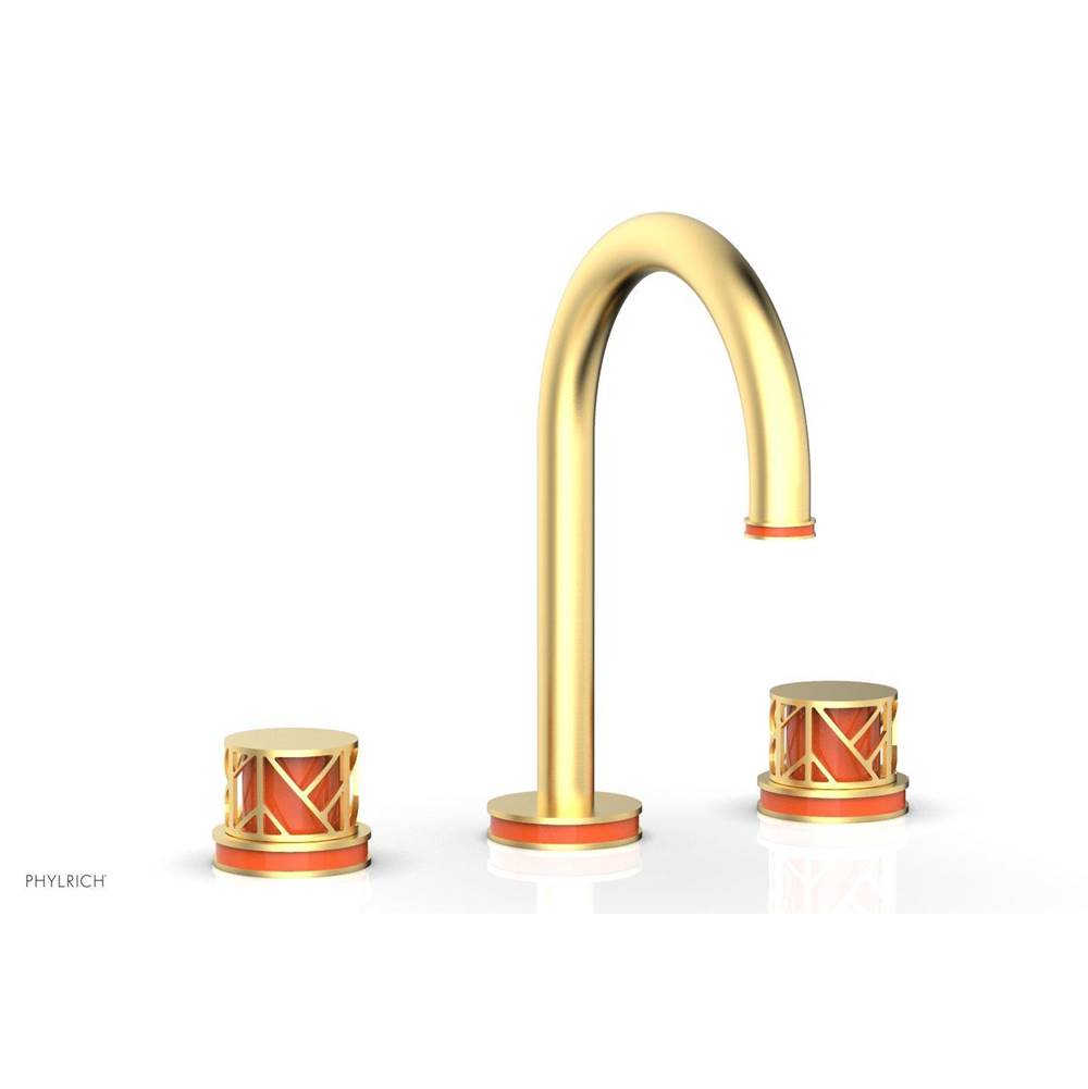 Phylrich Weathered Copper Jolie Widespread Lavatory Faucet With Gooseneck Spout, Round Cutaway Handles, And Orange Accents - 1.2GPM