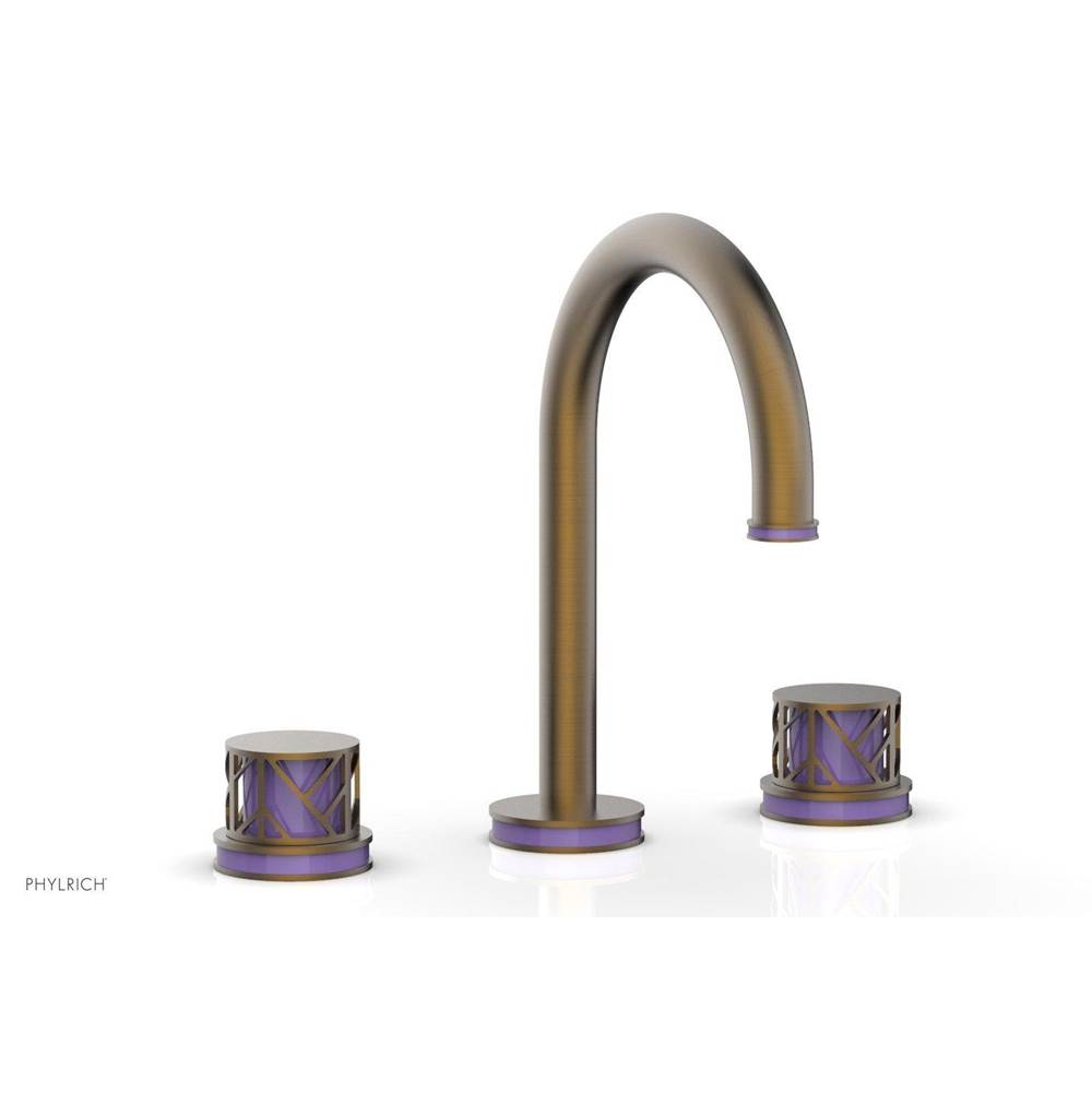 Phylrich Polished Brass Uncoated (Living Finish) Jolie Widespread Lavatory Faucet With Gooseneck Spout, Round Cutaway Handles, And Purple Accents - 1.2GPM