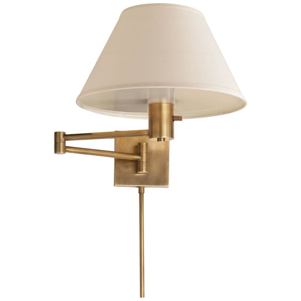 Visual Comfort Signature Collection Classic Swing Arm Wall Lamp in Hand-Rubbed Antique Brass with Linen Shade