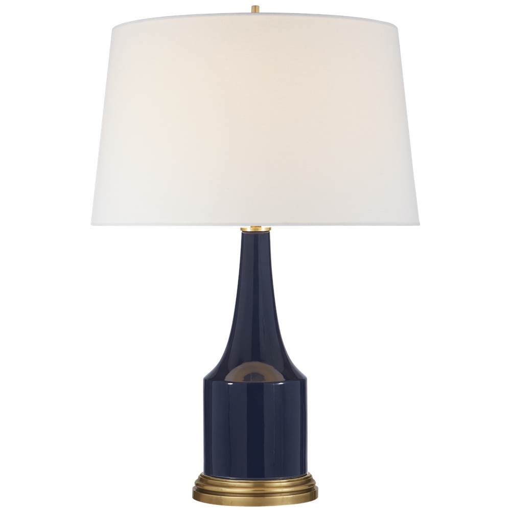 Visual Comfort Signature Collection Sawyer Table Lamp in Midnight Blue Porcelain with Linen Shade