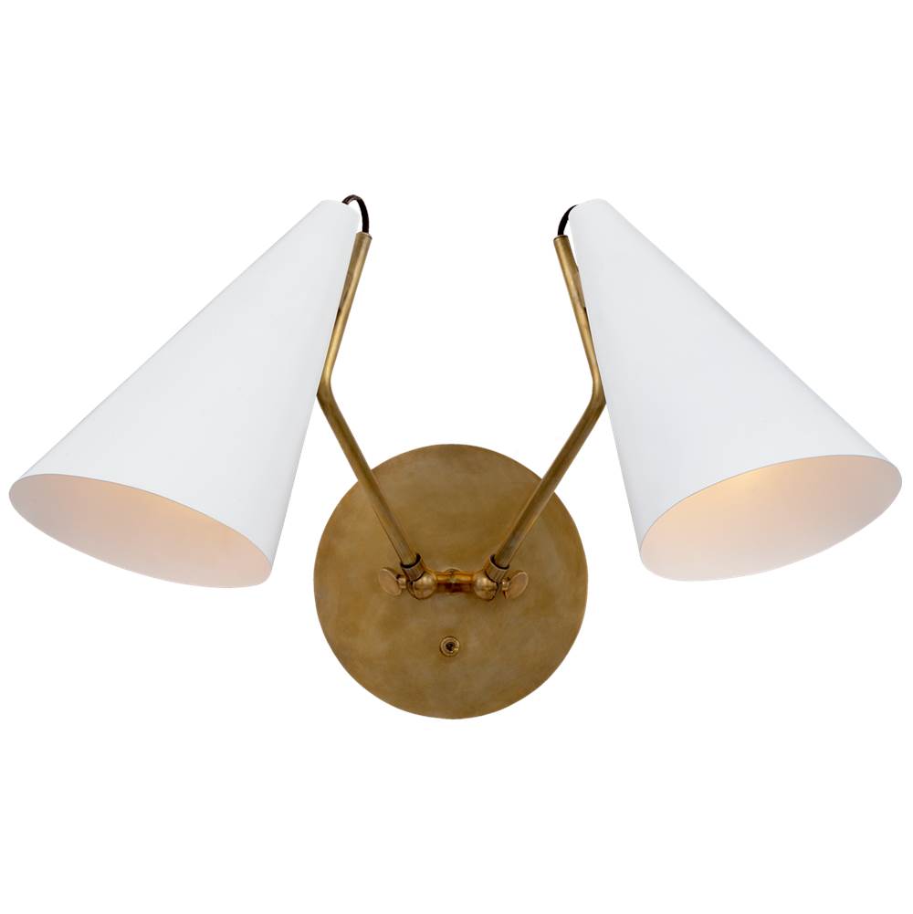 Visual Comfort Signature Collection Clemente Double Sconce in Hand-Rubbed Antique Brass with Matte White Shades