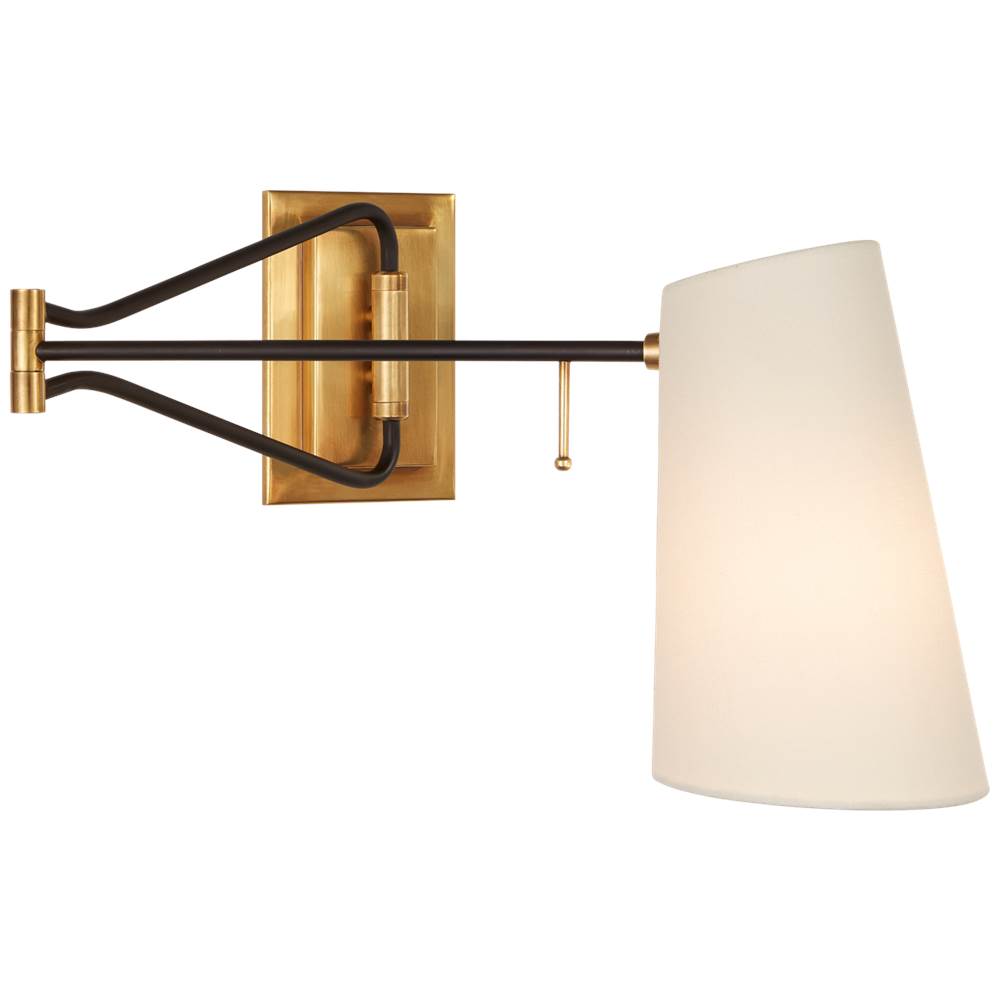 Visual Comfort Signature Collection Keil Swing Arm Wall Light in Hand-Rubbed Antique Brass and Black with Linen Shade
