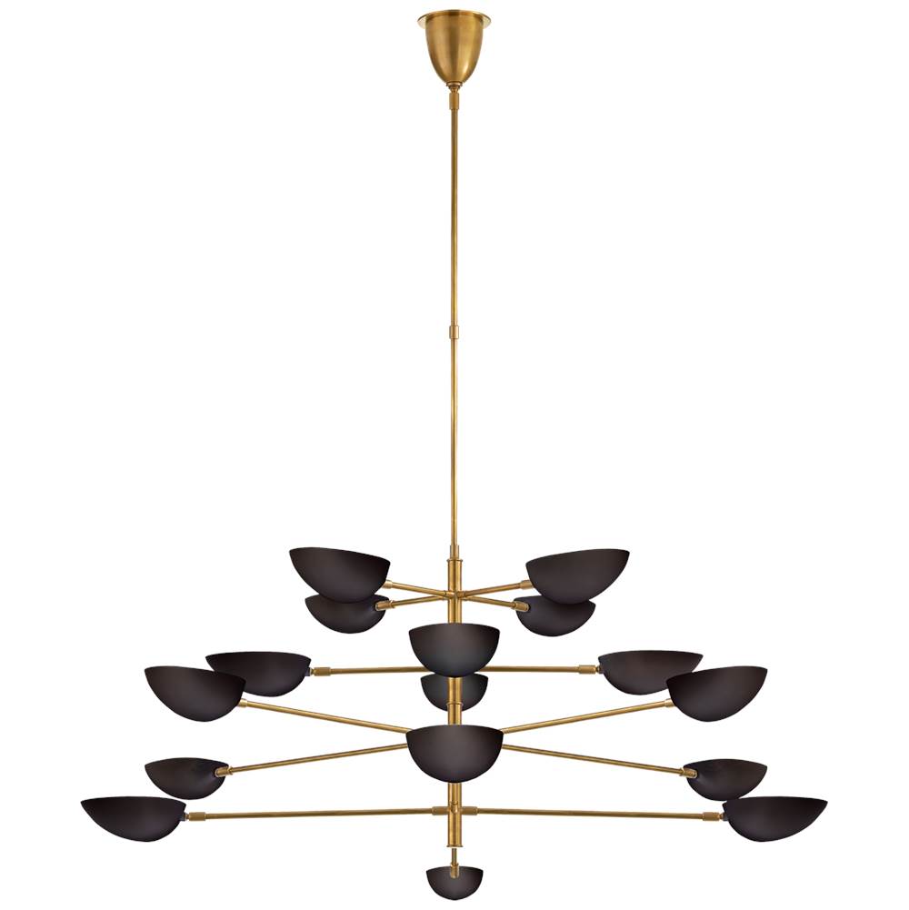 Visual Comfort Signature Collection Graphic Grande Four-Tier Chandelier in Hand-Rubbed Antique Brass with Black Shades