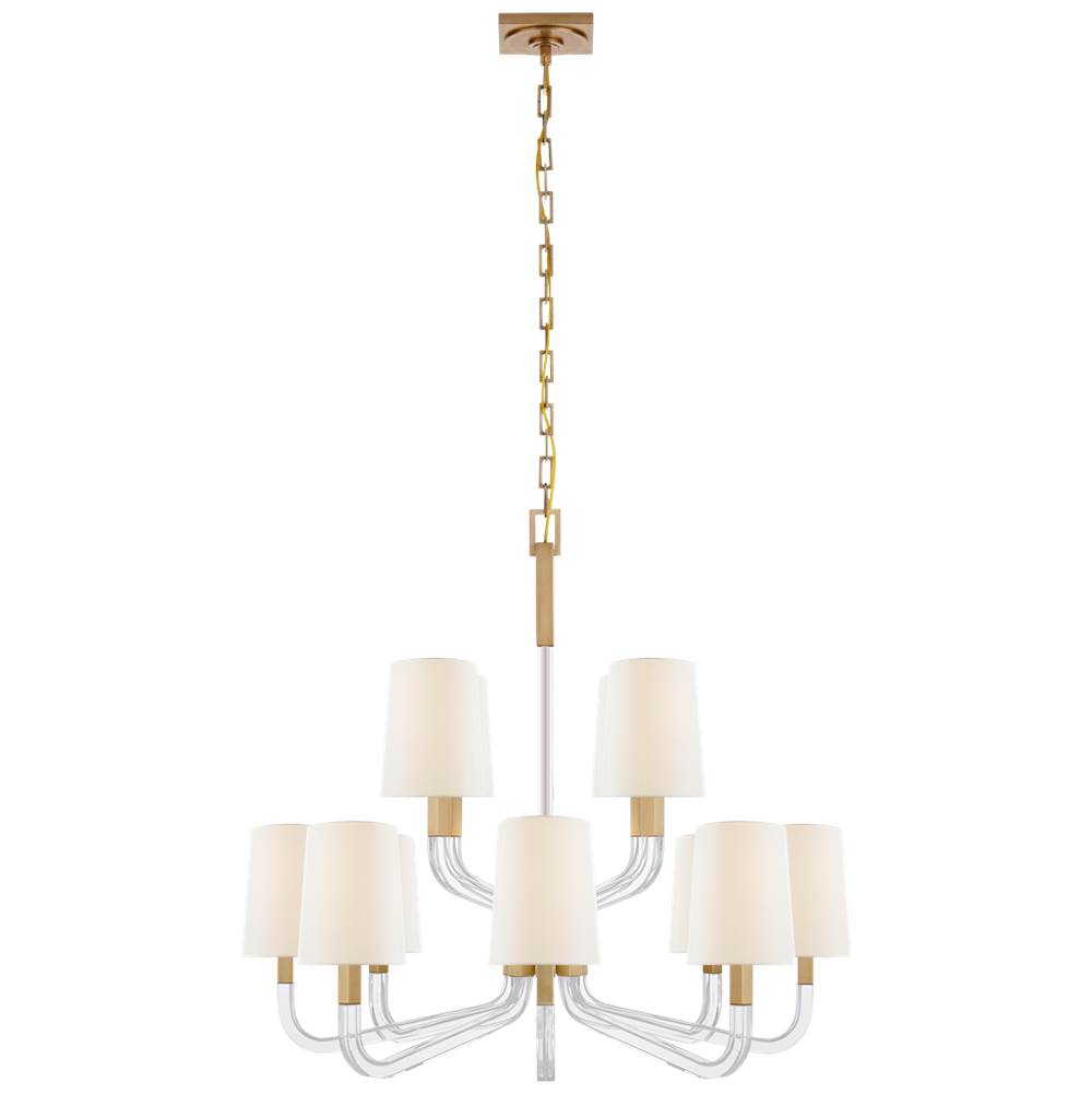 Visual Comfort Signature Collection Reagan Medium Two Tier Chandelier in Antique-Burnished Brass and Crystal with Linen Shades