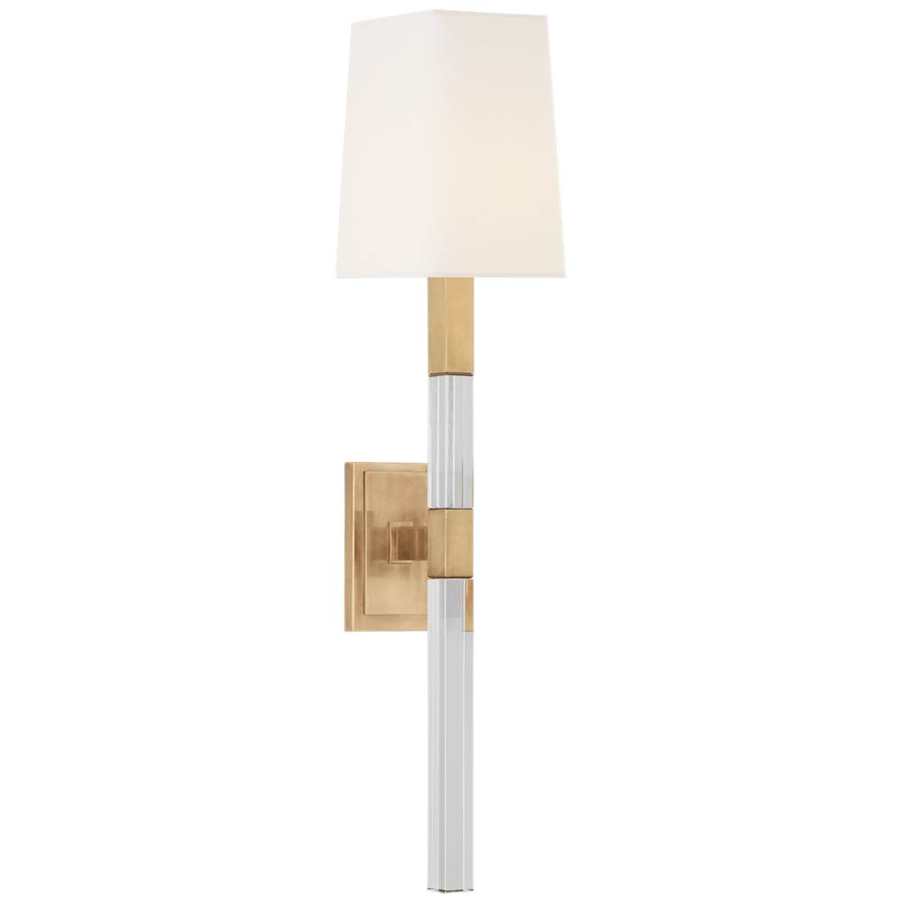 Visual Comfort Signature Collection Reagan Medium Tail Sconce in Antique-Burnished Brass and Crystal with Linen Shade