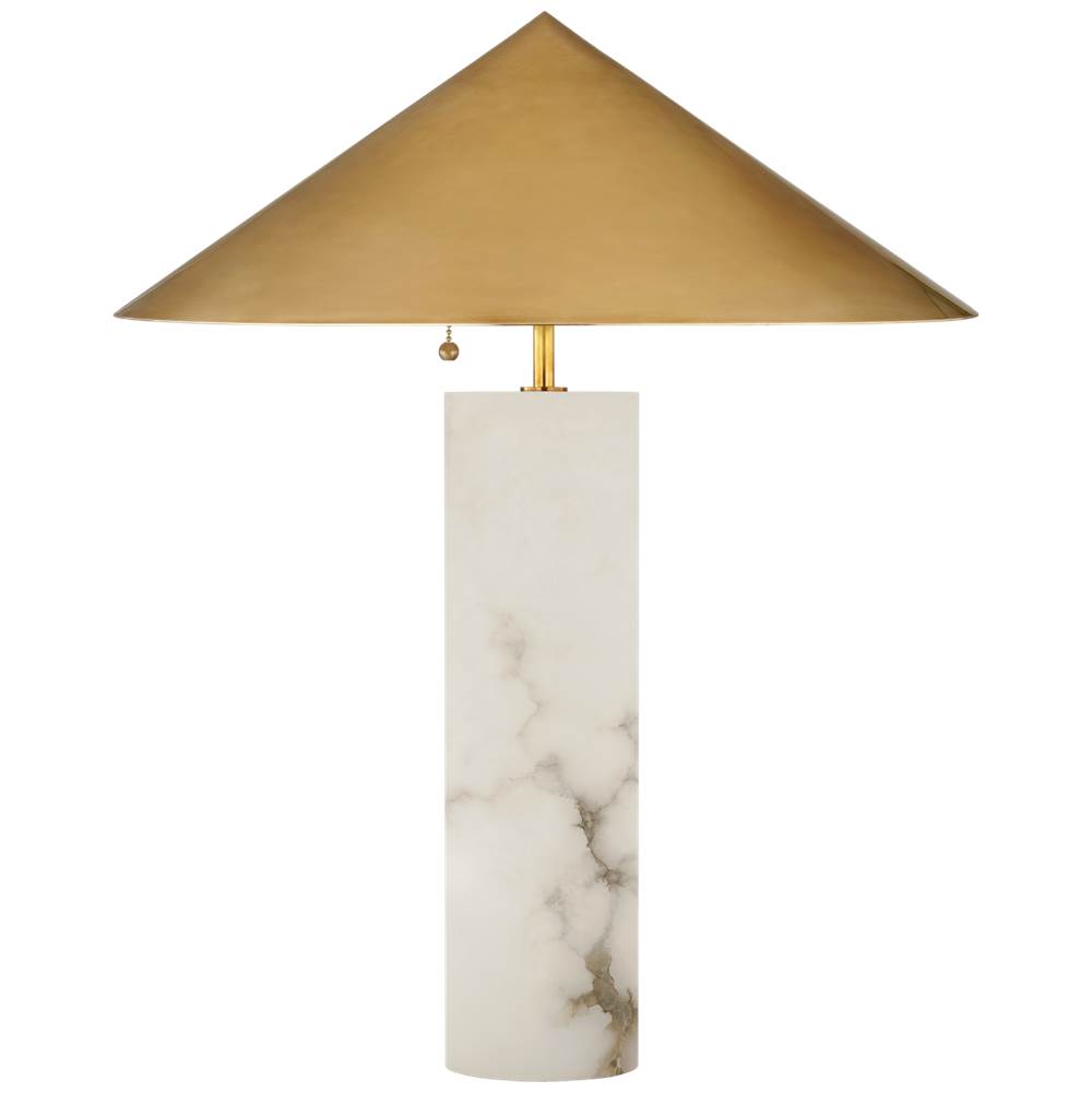 Visual Comfort Signature Collection Minimalist Medium Table Lamp in Alabaster with Antique-Burnished Brass Shade