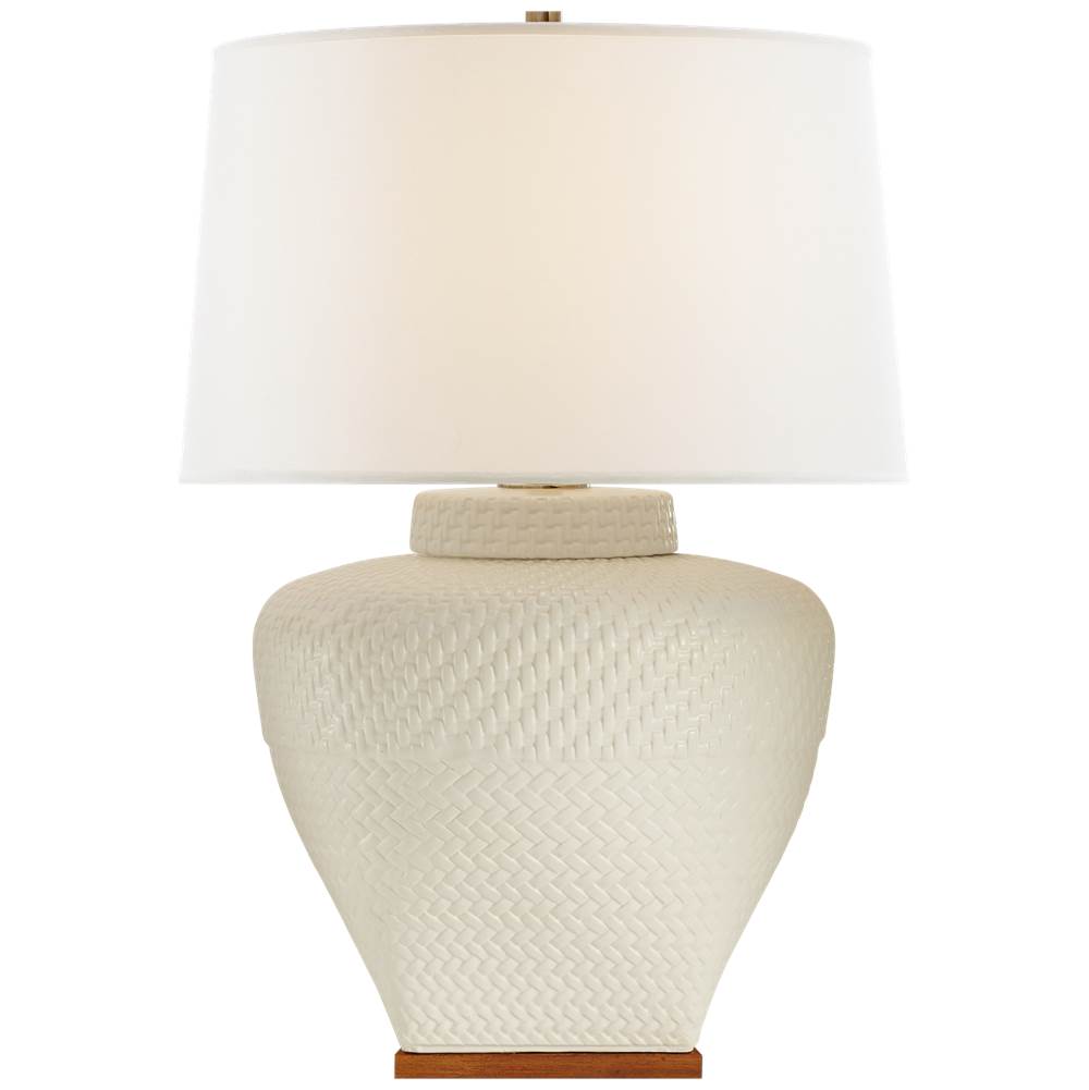 Visual Comfort Signature Collection Isla Small Table Lamp in White Leather Ceramic with Linen Shade