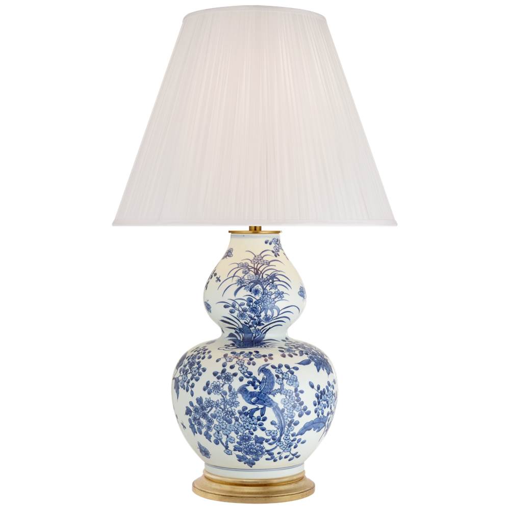 Visual Comfort Signature Collection Sydnee Large Gourd Table Lamp in Blue and White Porcelain with Silk Pleated Shade