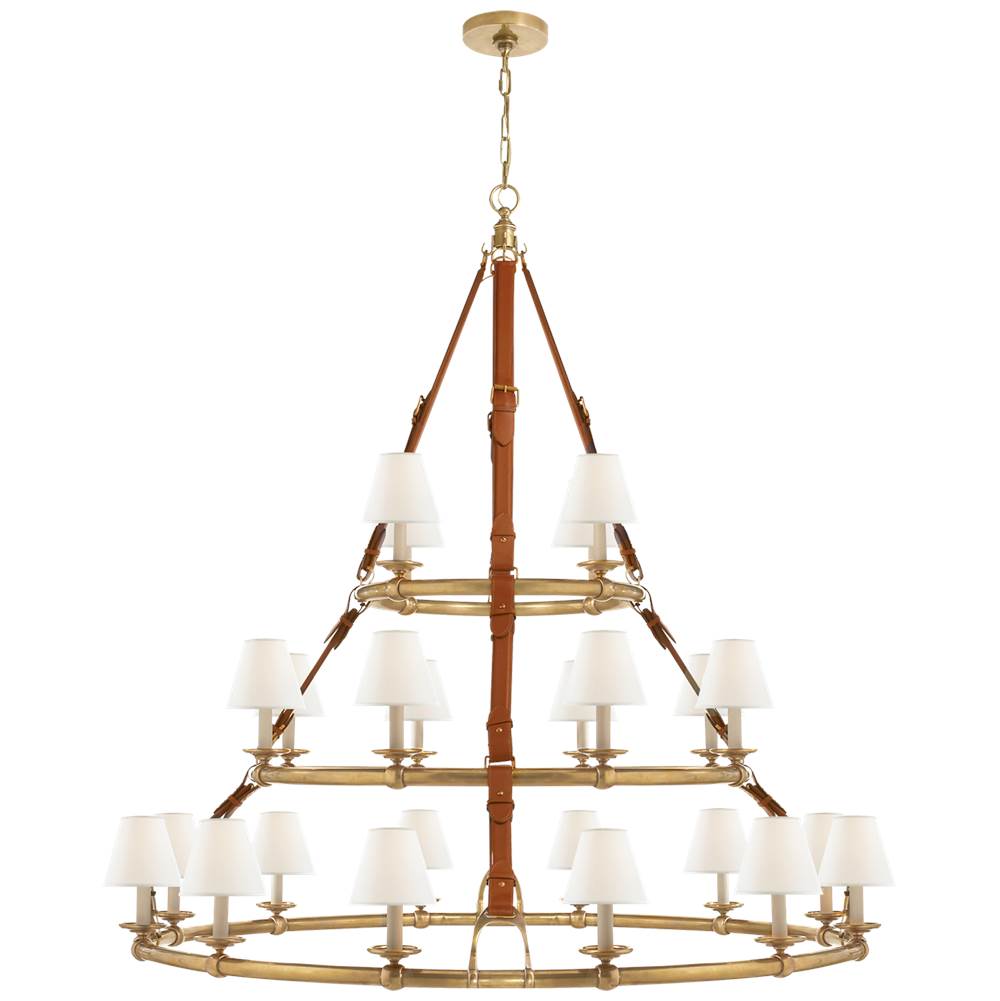 Visual Comfort Signature Collection Westbury Triple Tier Chandelier in Natural Brass and Saddle Leather with Linen Shades
