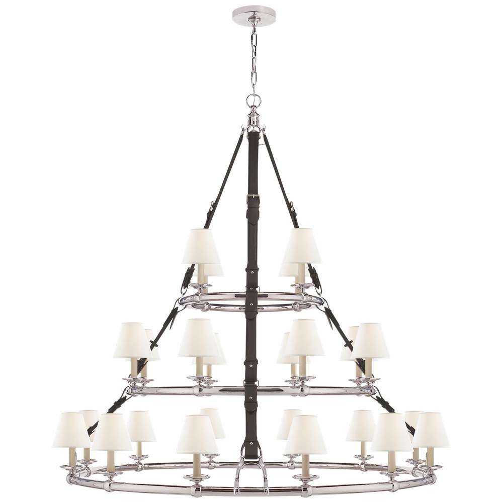 Visual Comfort Signature Collection Westbury Triple Tier Chandelier in Polished Nickel and Chocolate Leather with Linen Shades
