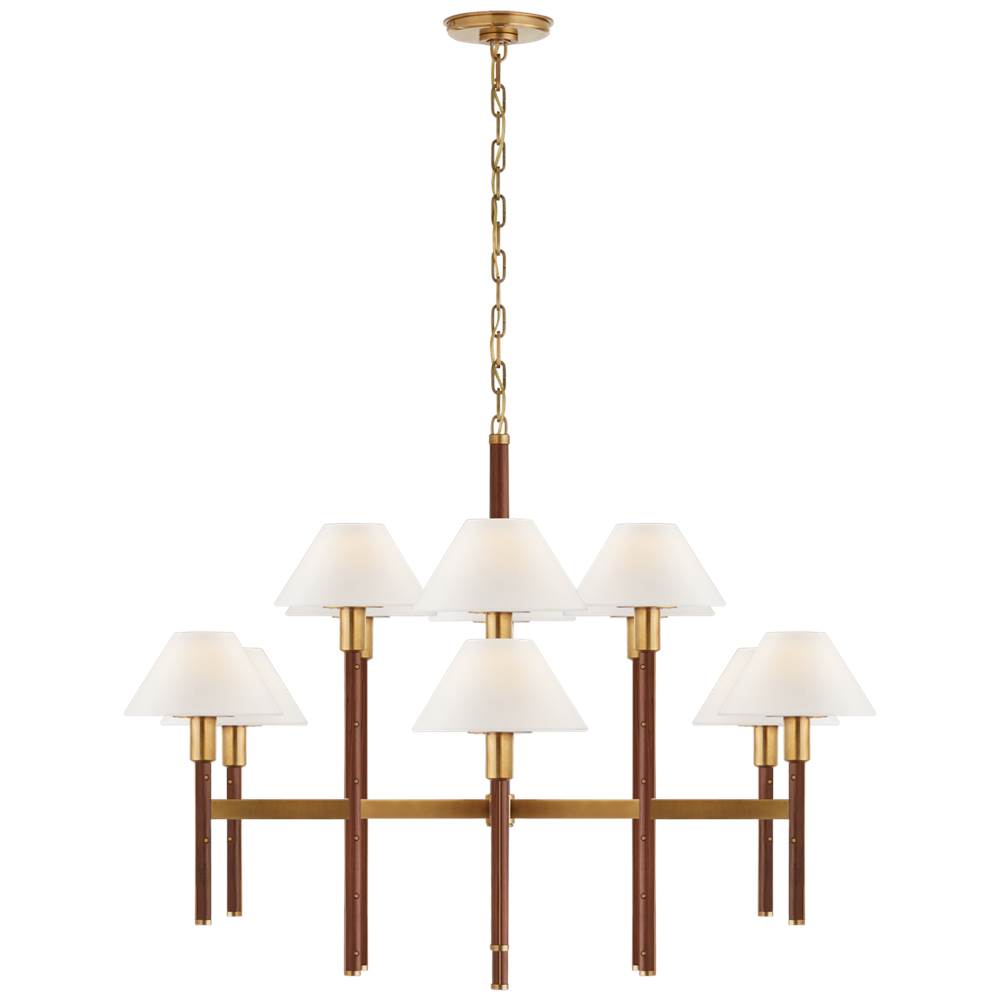 Visual Comfort Signature Collection Radford Large Two Tier Chandelier in Natural Brass and Natural Rift Oak with Linen Shades