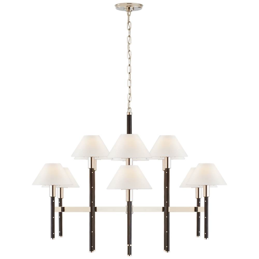 Visual Comfort Signature Collection Radford Large Two Tier Chandelier in Polished Nickel and Black Ebony with Linen Shades