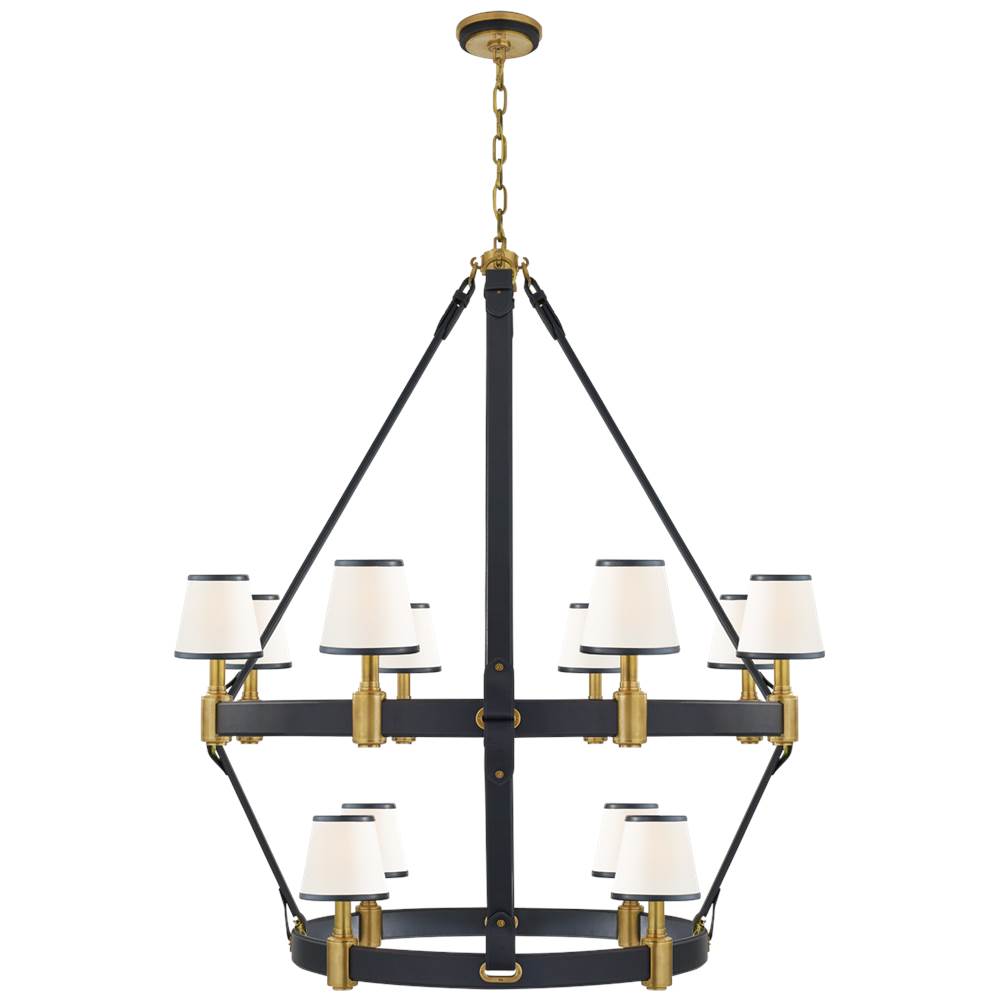 Visual Comfort Signature Collection Riley Large Two Tier Chandelier in Natural Brass and Navy Leather with Leather Trimmed Linen Shades