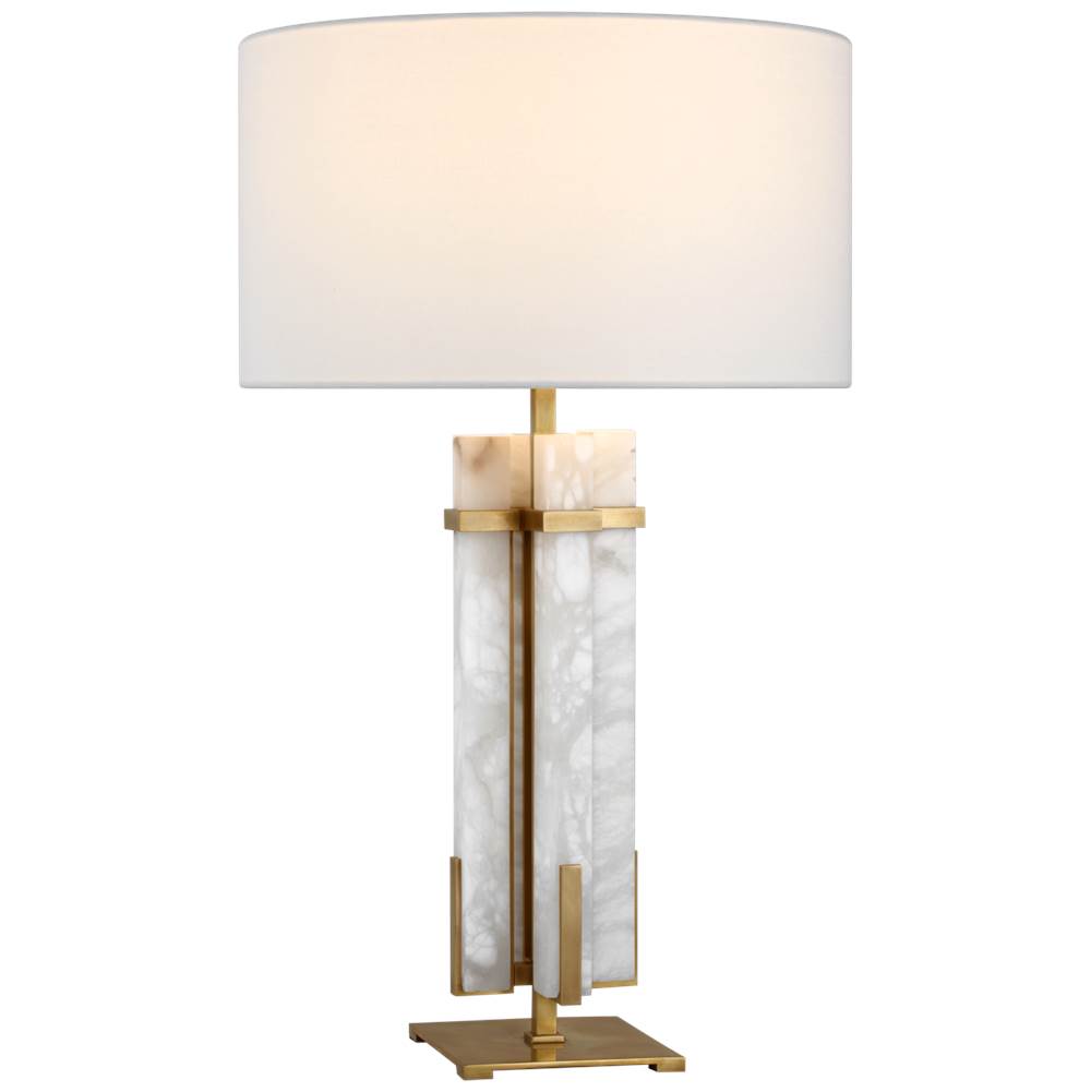 Visual Comfort Signature Collection Malik Large Table Lamp in Hand-Rubbed Antique Brass and Alabaster with Linen Shade