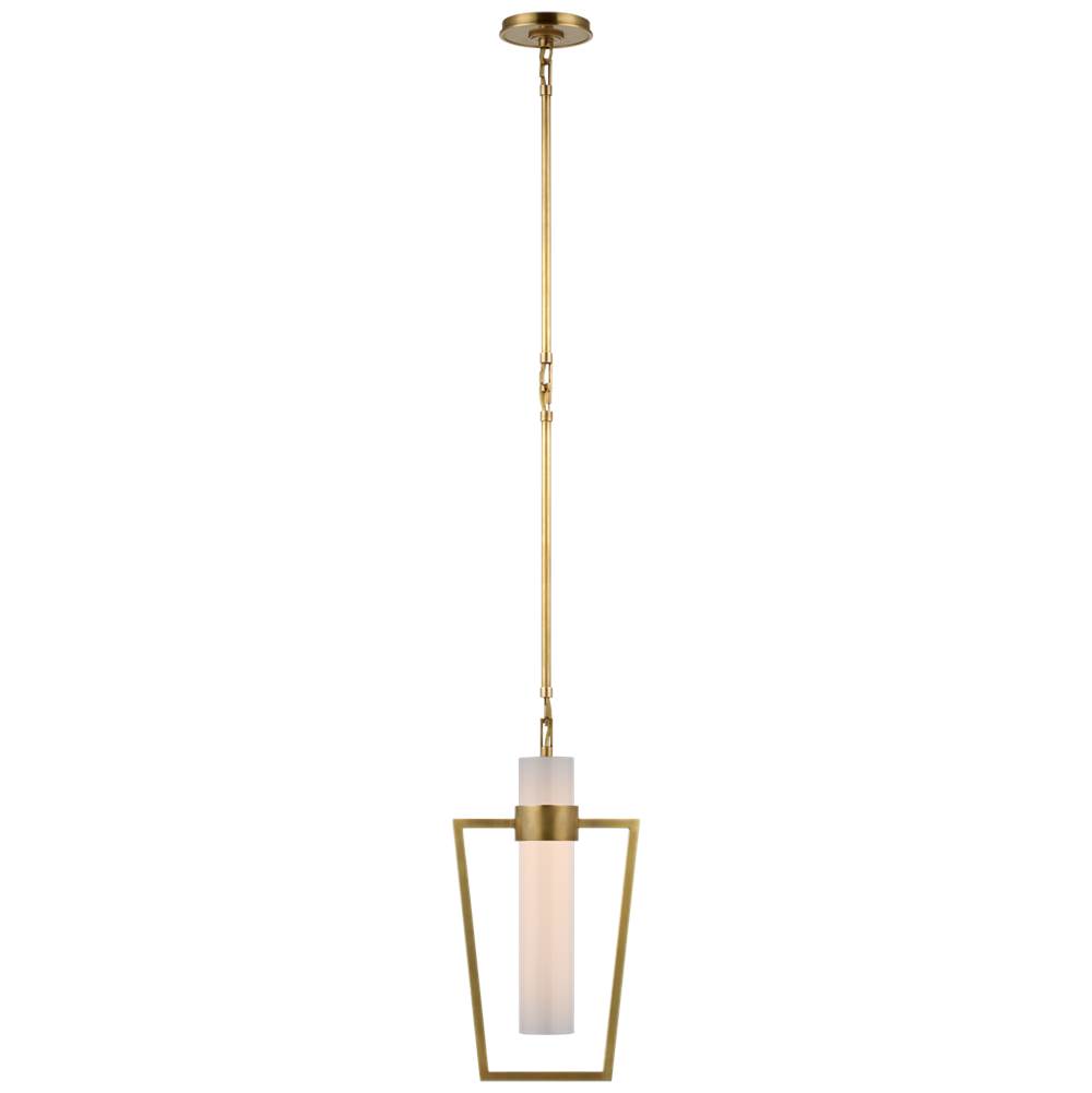 Visual Comfort Signature Collection Presidio Petite Caged Pendant in Hand-Rubbed Antique Brass with White Glass