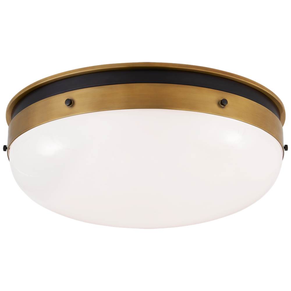 Visual Comfort Signature Collection Hicks Medium Flush Mount in Bronze and Hand-Rubbed Antique Brass with White Glass